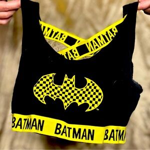 Small black and yellow Batman crop top/sports bra caution tape style